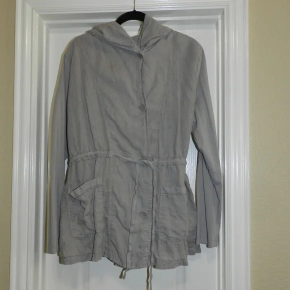 Flax Linen Button Front Hooded Jacket Drawstring Waist - Picture 1 of 12
